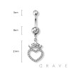 316L SURGICAL STEEL CROWN HEART CZ PAVED DANGLE NAVEL RING